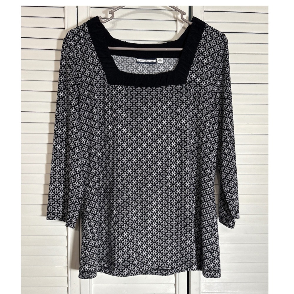 Croft & Barrow Womens Black White Geometric Floral Square Neck Blouse Medium